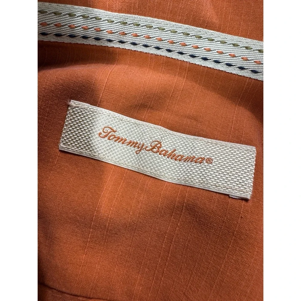 Tommy Bahama Mens Large Silk Cotton Orange Floral Embroidered Guayabera Shirt
